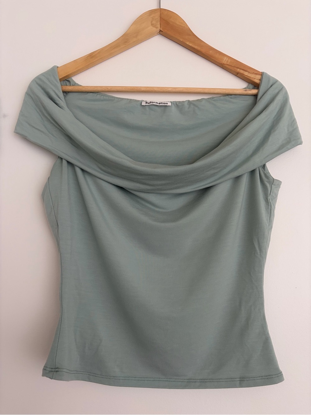 Reformation Sage Green Off-Shoulder Cowl Top